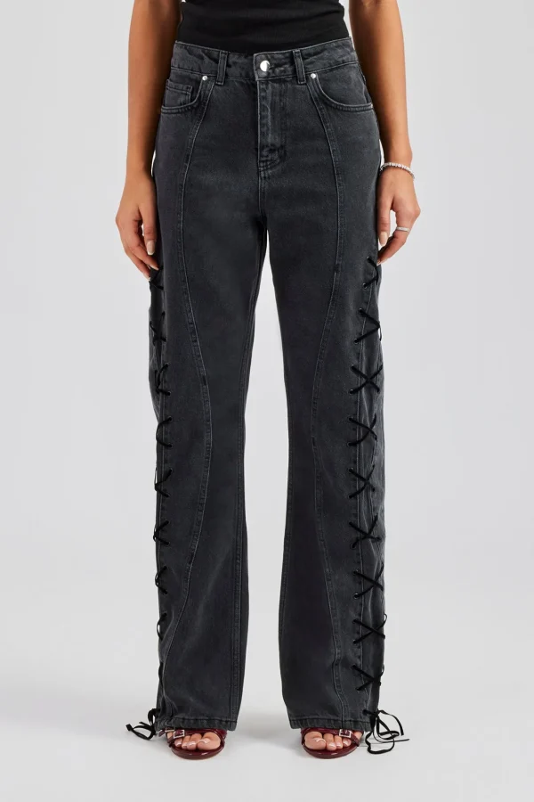 Lace Up Detail Relaxed Denim Jean - Washed Black