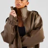 Ladies Cropped Faux Leather Trench Coat - Brown