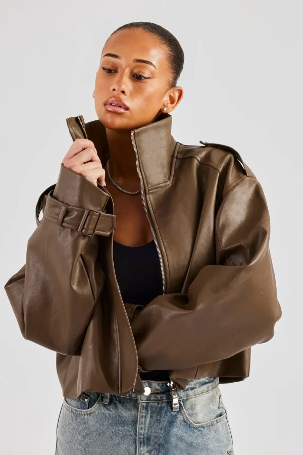 Ladies Cropped Faux Leather Trench Coat - Brown