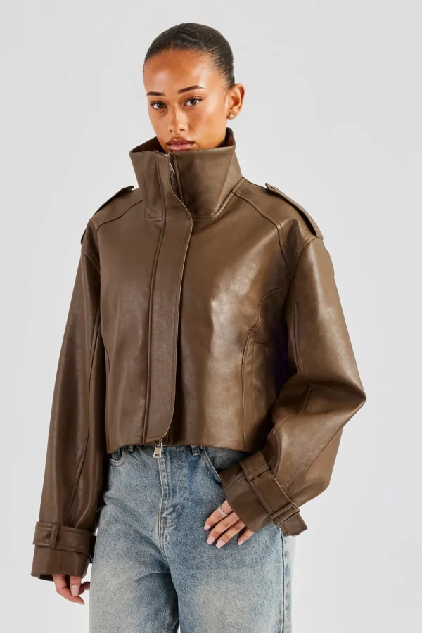 Ladies Cropped Faux Leather Trench Coat - Brown