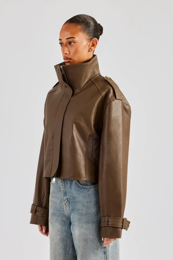 Ladies Cropped Faux Leather Trench Coat - Brown