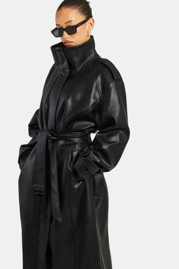 Ladies Faux Leather Trench Coat - Black