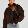 Ladies Faux Suede Cropped Trench Coat - Chocolate