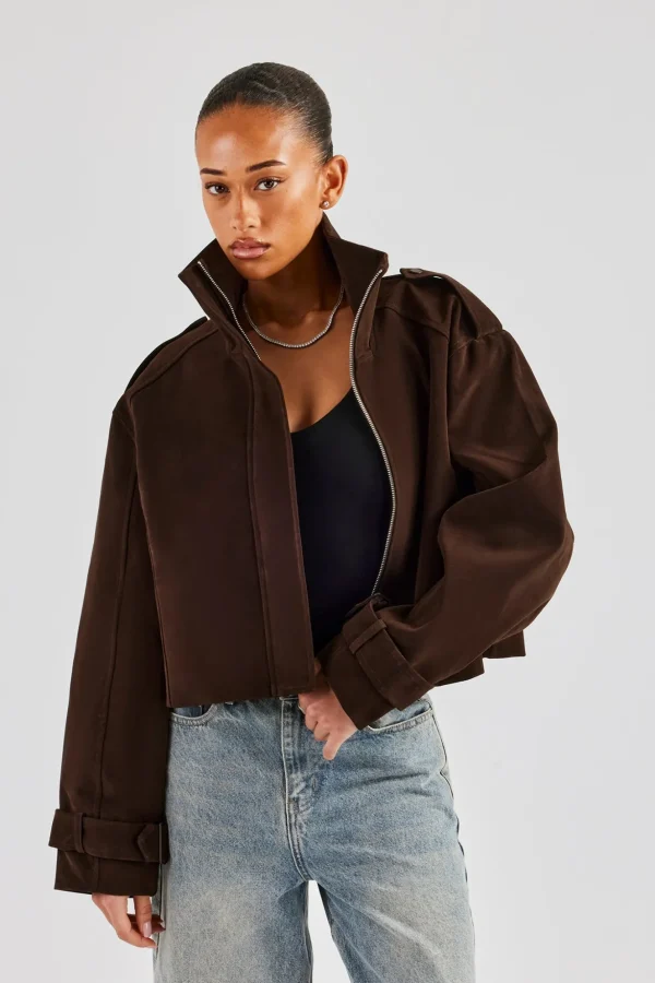 Ladies Faux Suede Cropped Trench Coat - Chocolate