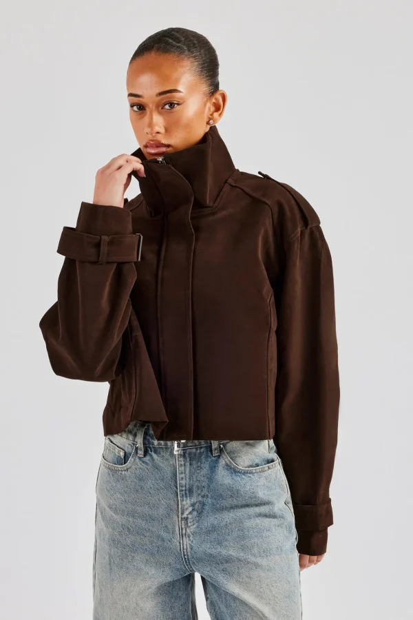 Ladies Faux Suede Cropped Trench Coat - Chocolate