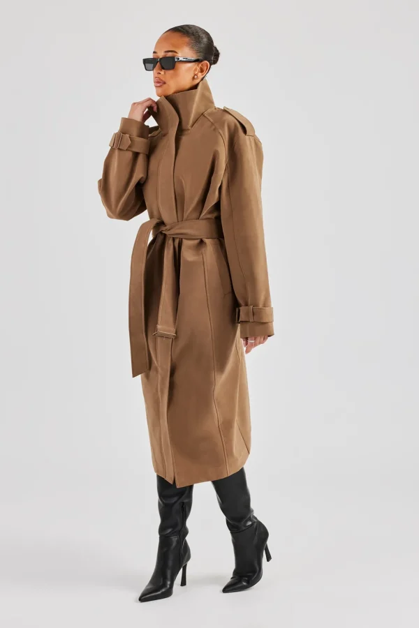 Ladies Faux Suede Trench Coat - Tan