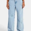 Ladies Raw Edge Applique Cross Baggy Jean - Ice Blue