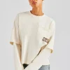 Layered Long Sleeve Glitter Applique T-Shirt - Off White