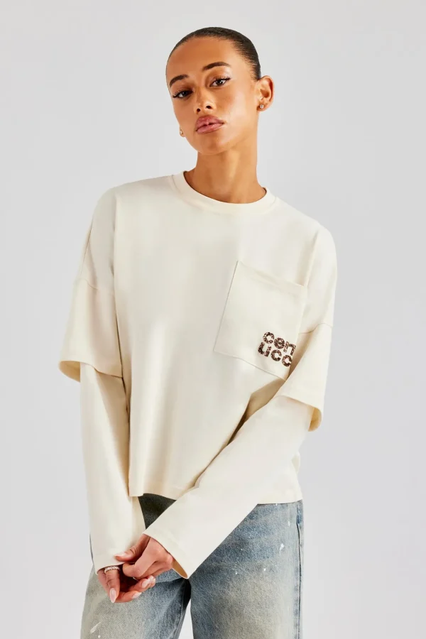 Layered Long Sleeve Glitter Applique T-Shirt - Off White