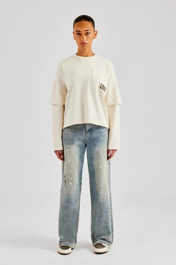 Layered Long Sleeve Glitter Applique T-Shirt - Off White