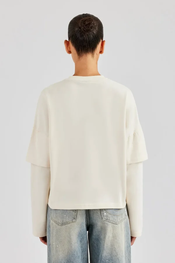 Layered Long Sleeve Glitter Applique T-Shirt - Off White