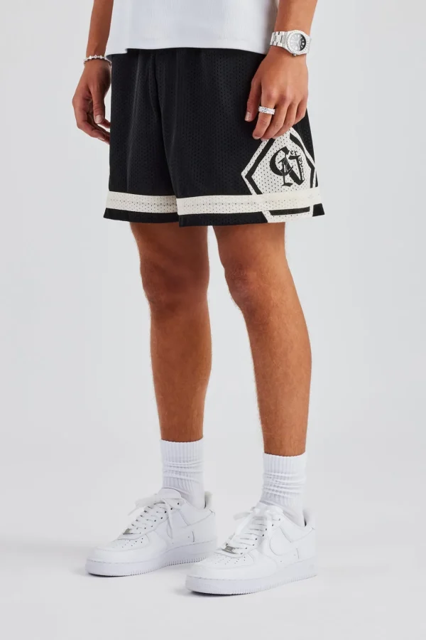 Logo Panelled Mesh Short - Black