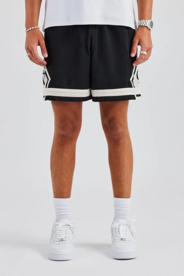 Logo Panelled Mesh Short - Black