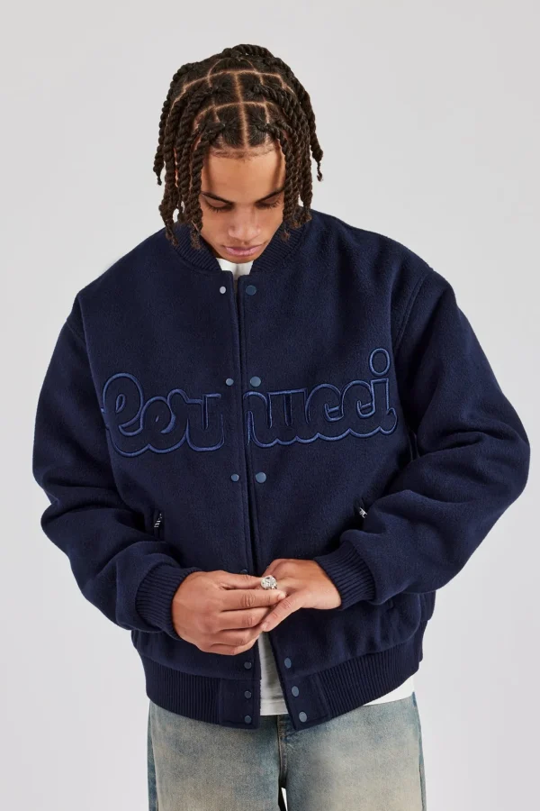 Melton Embroidered Bomber Jacket - Navy Blue