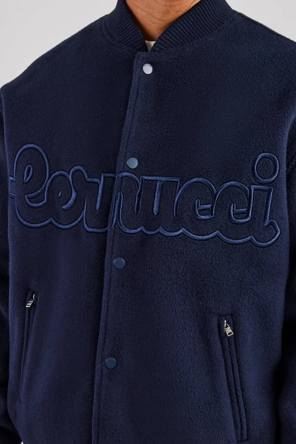 Melton Embroidered Bomber Jacket - Navy Blue