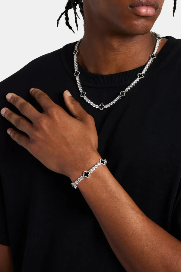 Mens Black Motif Tennis Chain + Bracelet - White - 5mm