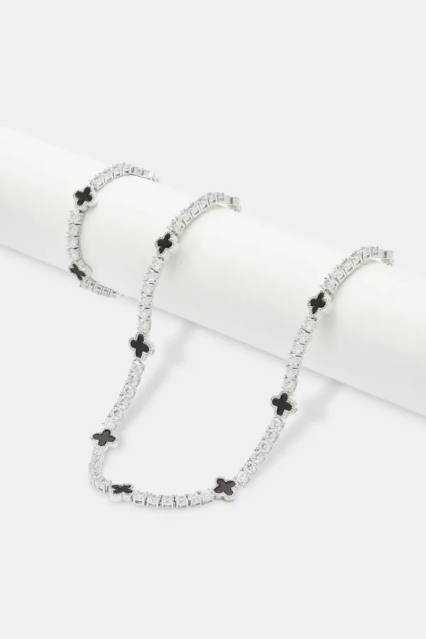 Mens Black Motif Tennis Chain + Bracelet - White - 5mm