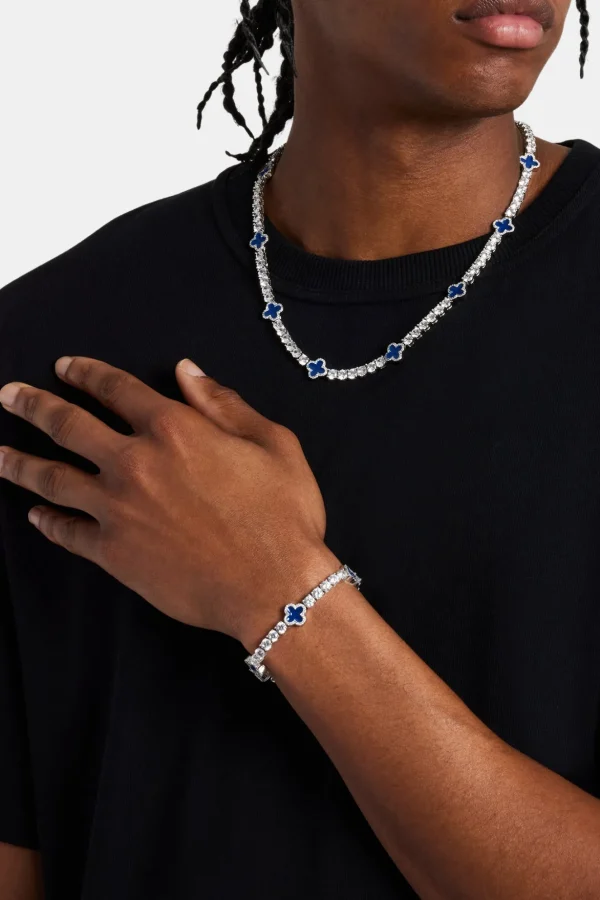 Mens Blue Motif Tennis Chain + Bracelet