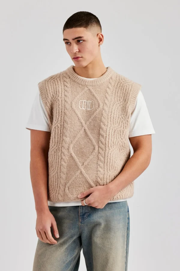 Mens Cable Knit Vest - Stone