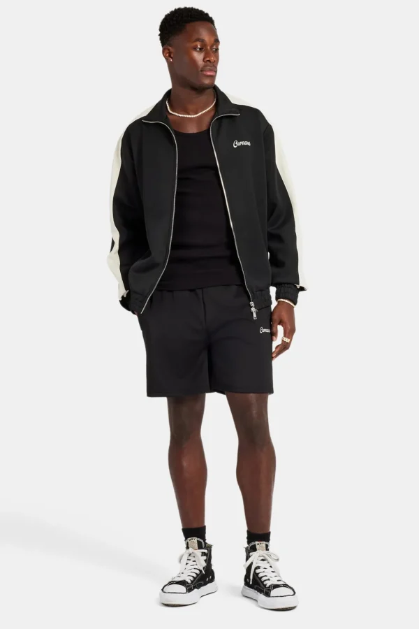 Mens Contrast Panel Track Jacket & Short Set - Black