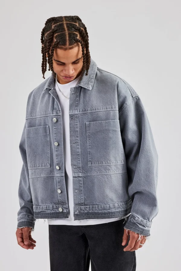 Mens Contrast Stitch Denim Jacket - Washed Grey