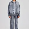 Mens Contrast Stitch Denim Jacket & Turn Up Jean - Washed Grey