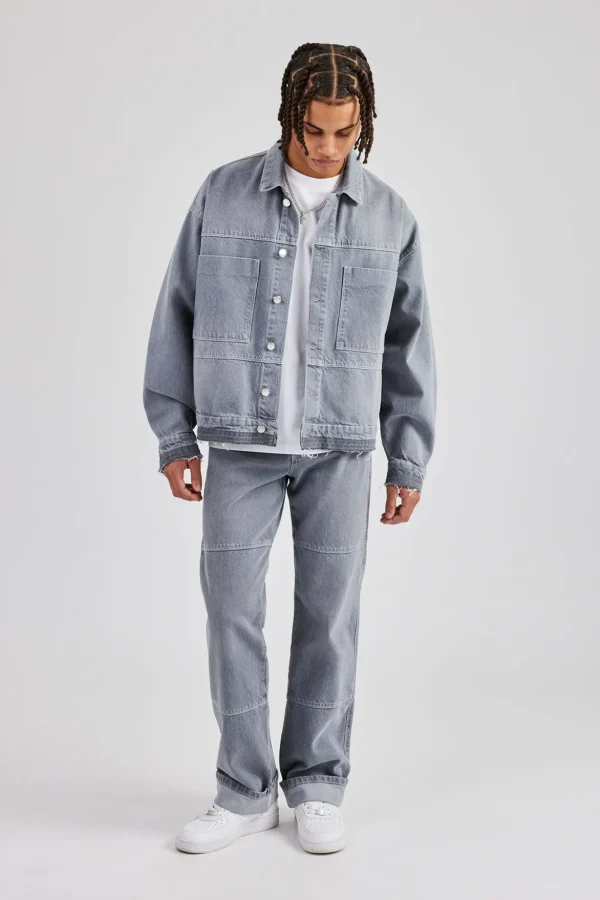 Mens Contrast Stitch Denim Jacket - Washed Grey