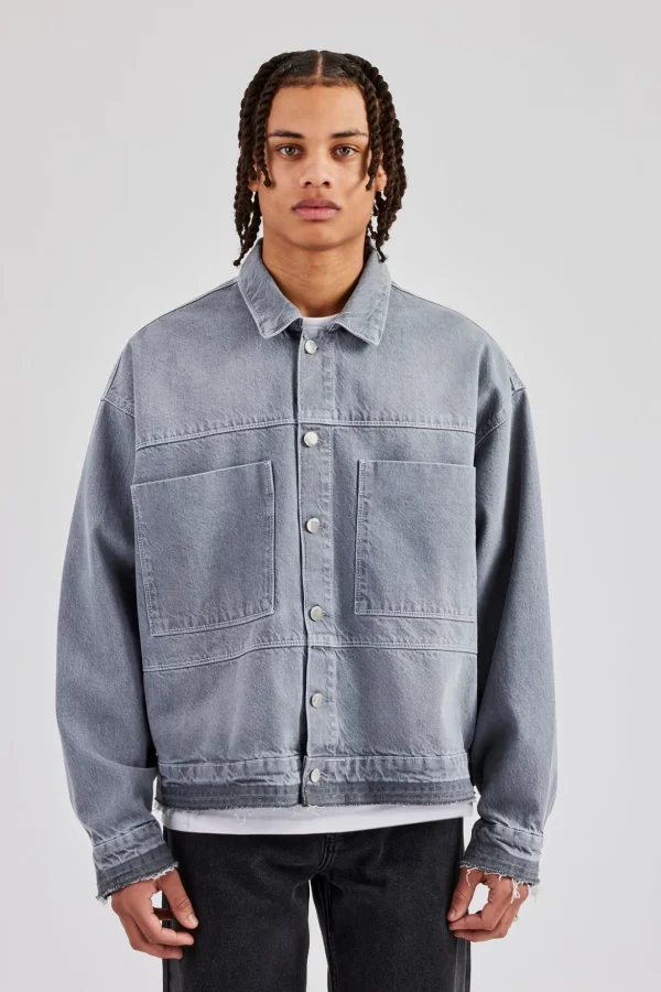 Mens Contrast Stitch Denim Jacket - Washed Grey