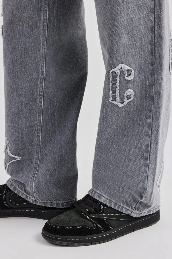 Mens Relaxed Fit Applique Denim Jean - Washed Grey