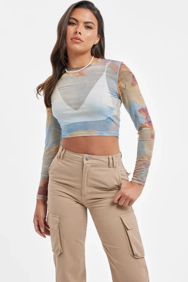 Mesh Printed Long Sleeve Top - Multi