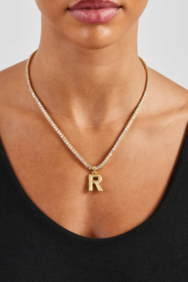 Mini Polished Balloon Letter Pendant & 3mm Tennis Chain - Gold