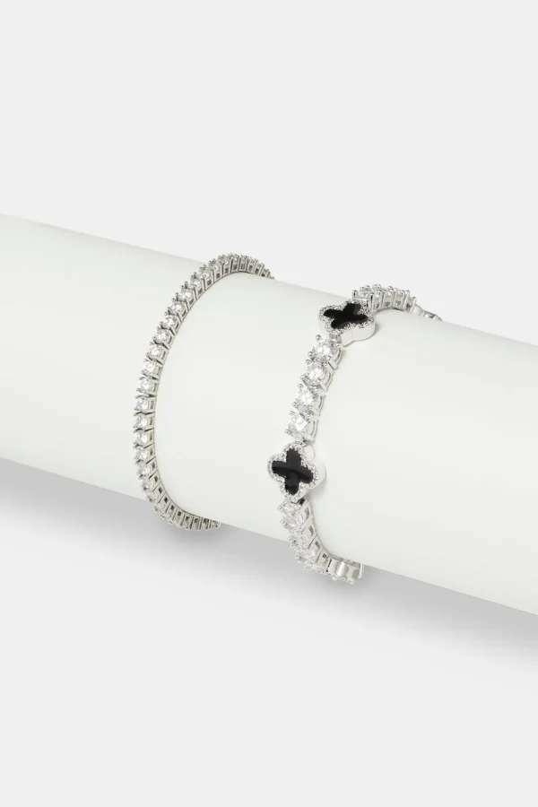 5mm Black Motif Tennis Bracelet & 3mm Tennis Bracelet - White