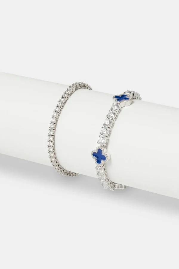 5mm Blue Motif Tennis Bracelet & 3mm Tennis Bracelet - White