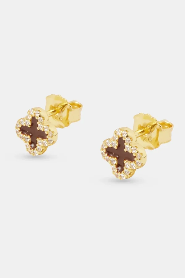 6mm Chocolate Enamel Motif Stud Earrings - Gold