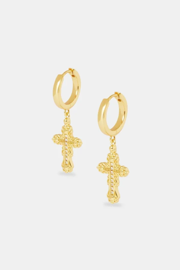 28mm Drop Cross Earring - Gold