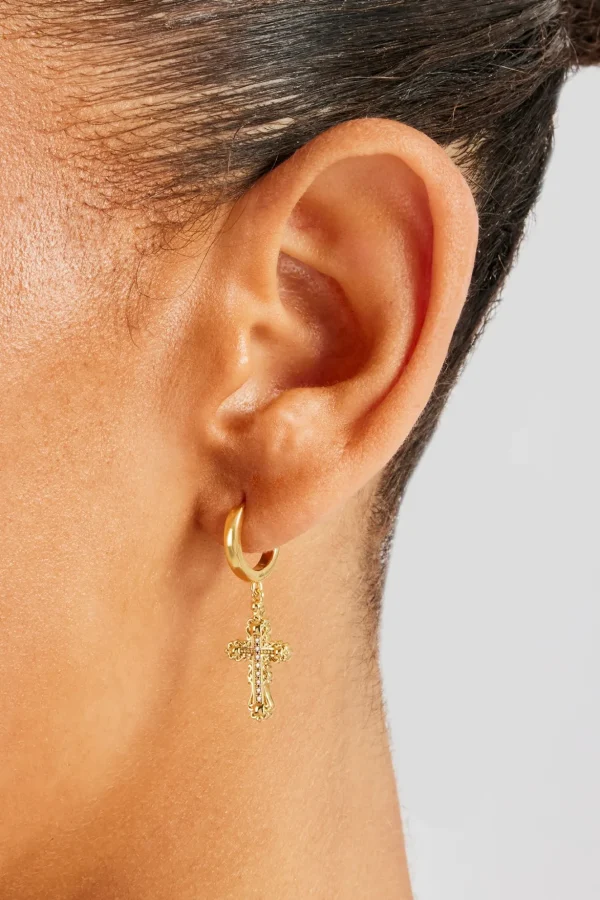 28mm Drop Cross Earring - Gold