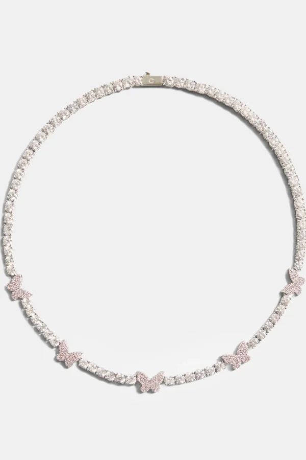 5mm Iced Pink Cz Butterfly Tennis Necklace