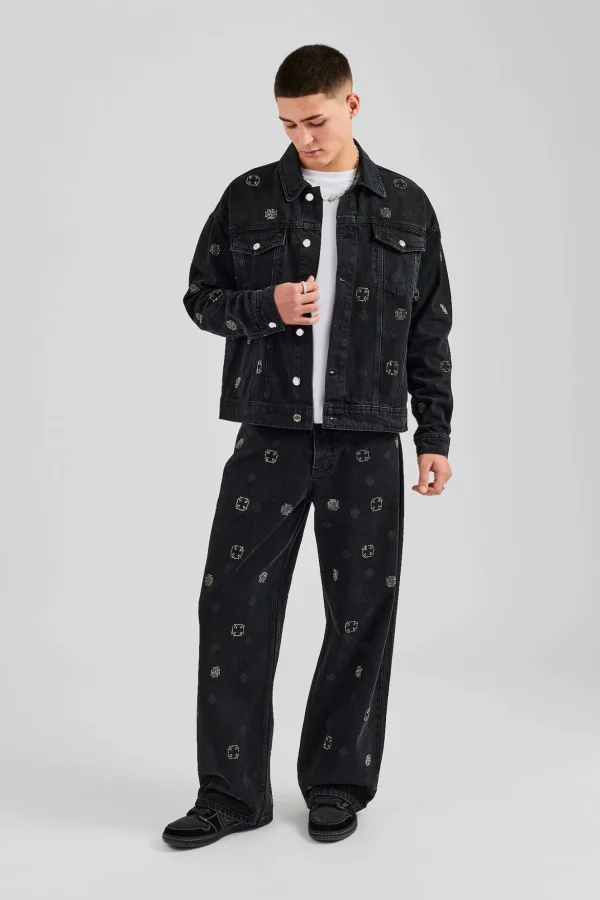 Motif Embellished Baggy Fit Jean - Washed Black