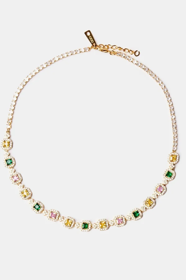 Multi Colour Cluster Tennis Chain - Gold