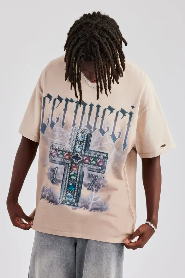 Multi Gem Cross Distressed Oversized Graphic T-Shirt - Taupe