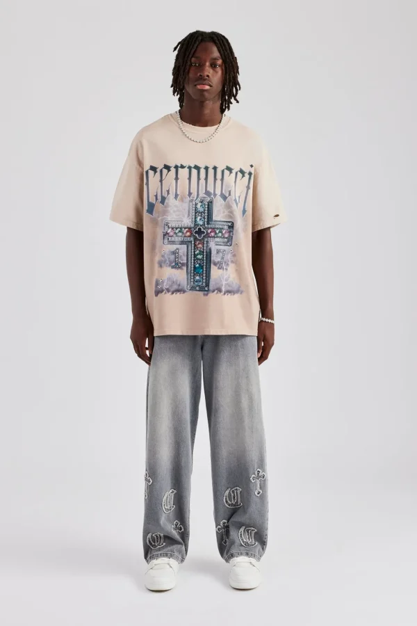 Multi Gem Cross Distressed Oversized Graphic T-Shirt - Taupe