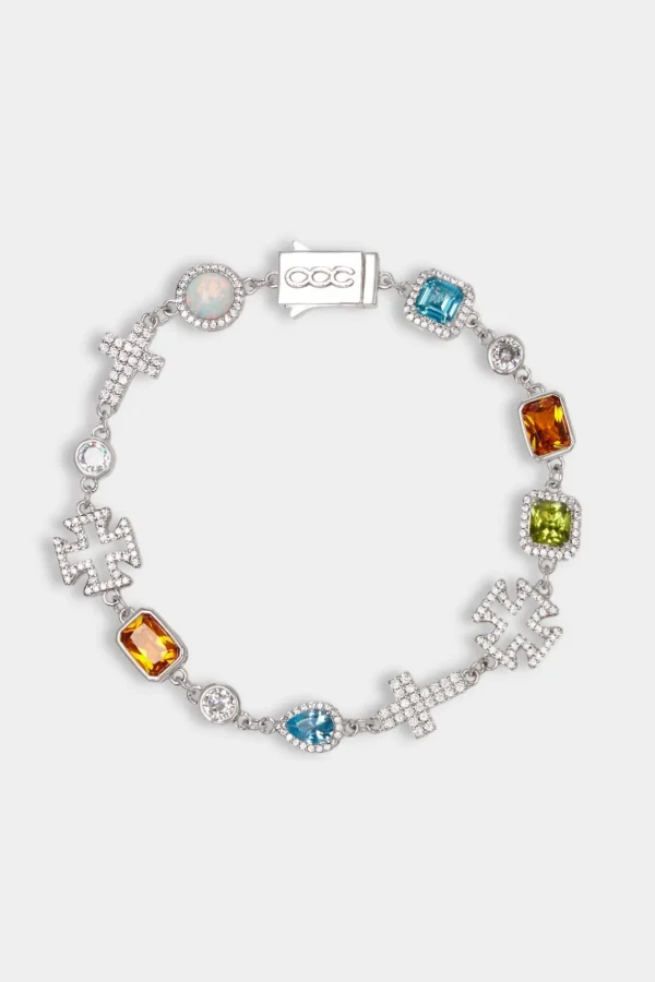 Multi Gemstone & Cross Bracelet - White