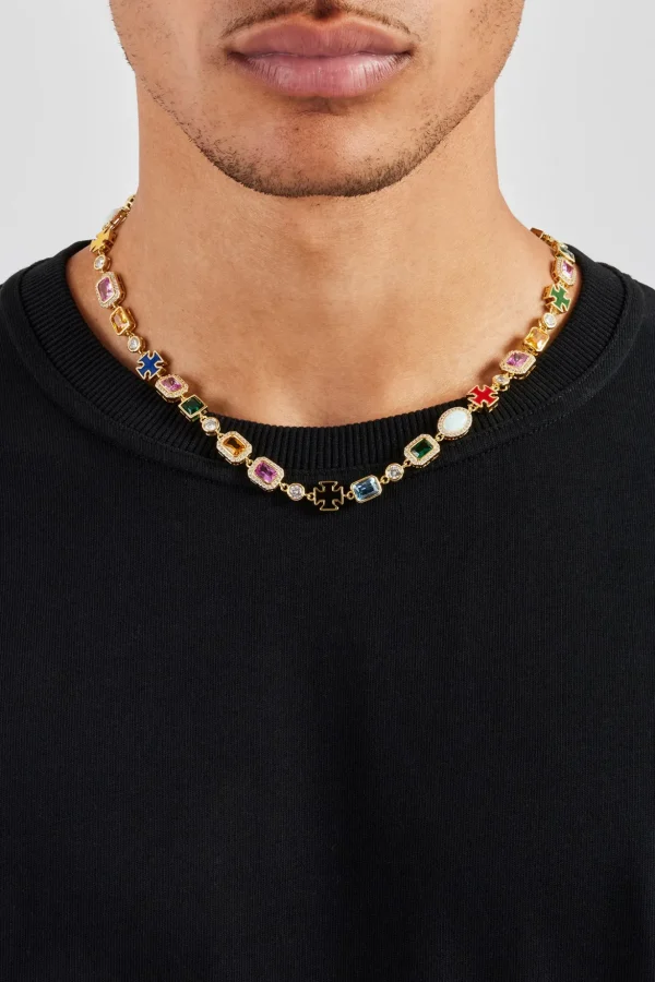 Multi Gemstone Motif Necklace - Gold