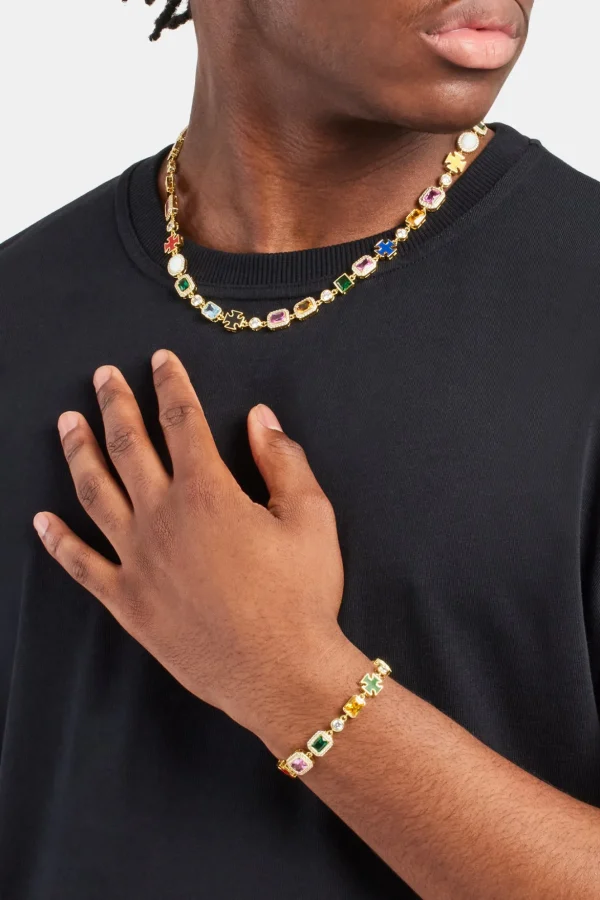 Multi Gemstone Motif Necklace & Bracelet - Gold