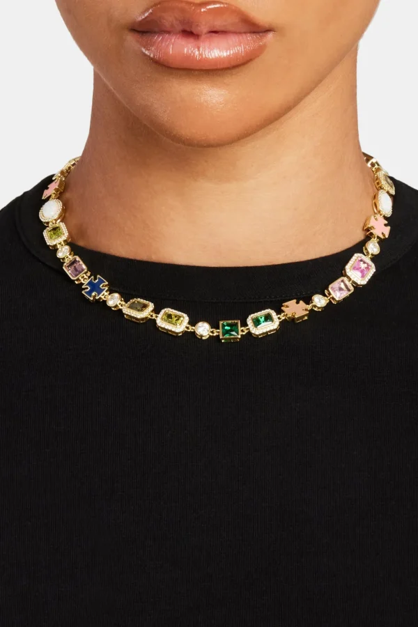 Multi Gemstone Motif Necklace - Gold Pink & Green