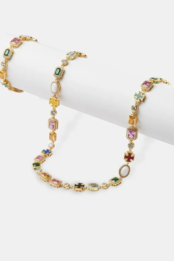 Multi Gemstone Motif Necklace & Bracelet - Gold