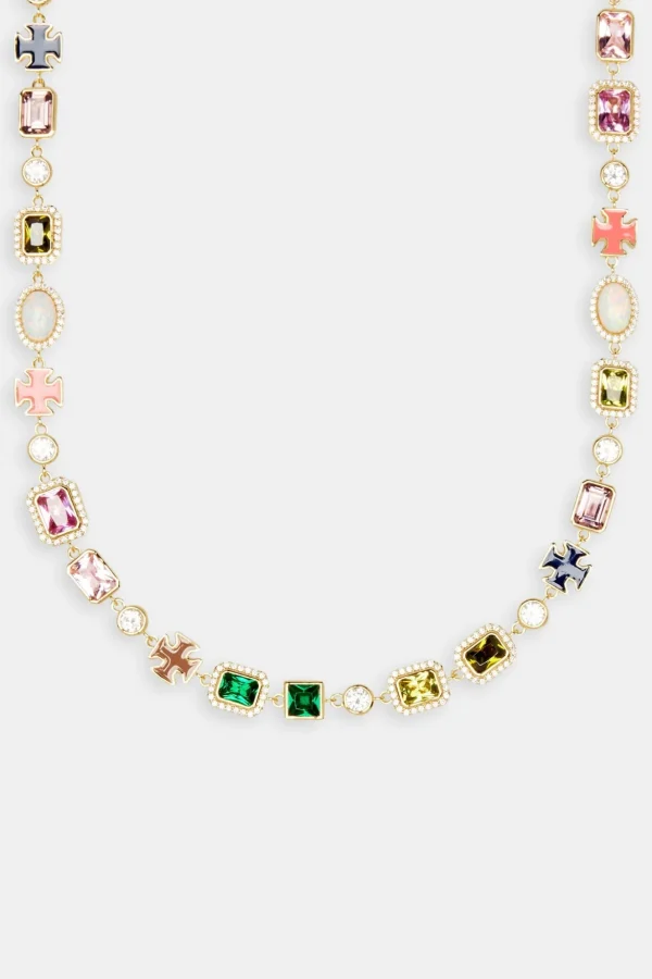 Multi Gemstone Motif Necklace - Gold Pink & Green