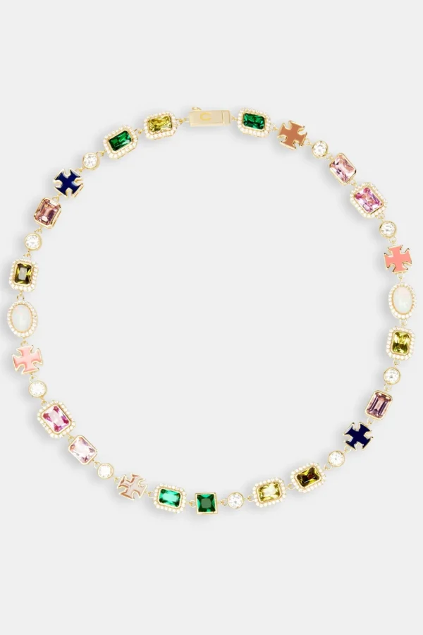 Multi Gemstone Motif Necklace - Gold Pink & Green