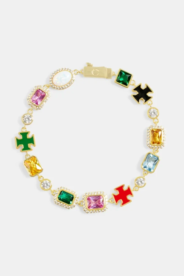 Multi Gemstone Motif Necklace & Bracelet - Gold