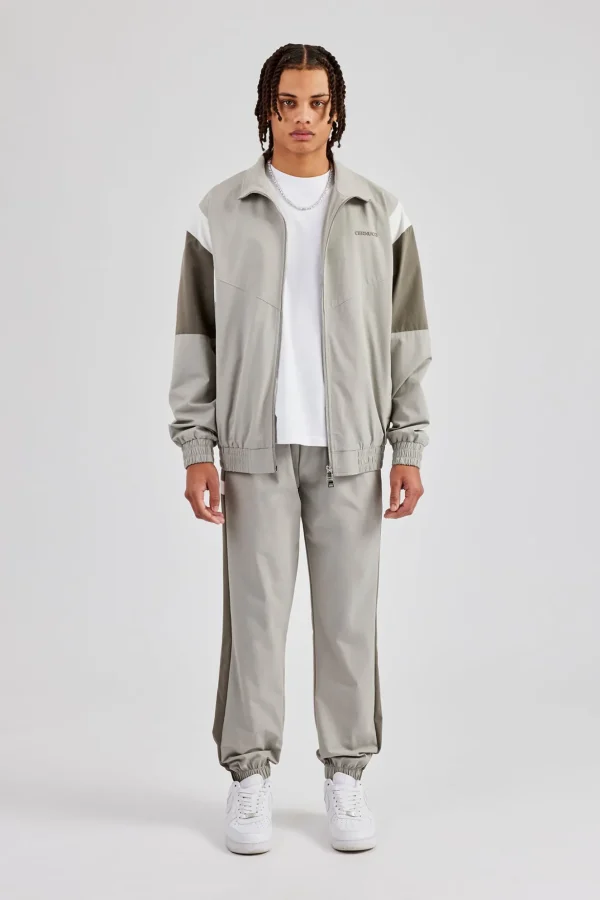 Nylon Colour Block Zip Through Tracksuit - Grey